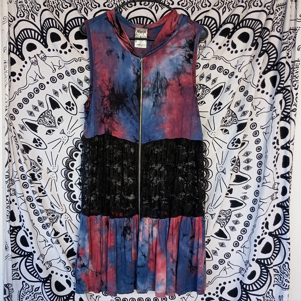 Vocal Tie Dye Lace Zip Up Hooded Dress